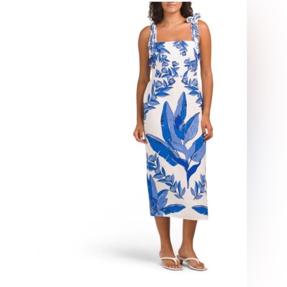 Calypso St Barth NWT Linen Blend Beaded Adj Strap Blue Palm Midi Dress Sz Sm